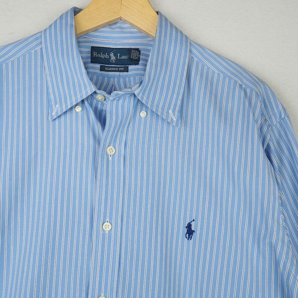 Polo Ralph Lauren Pony Cotton Dress Shirt Men 16.5 34/35 Blue Stripe Classic Fit